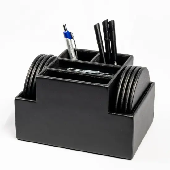 Black Leatherette 8 Round Coaster Set with Holder {1}