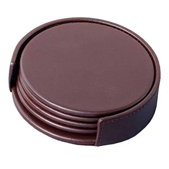 Chocolate BrownLeatherette 4 Coaster Set with Holder {1}