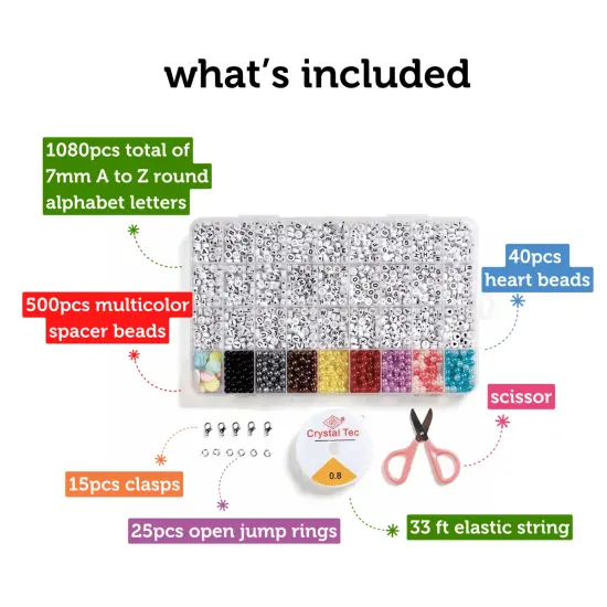 Incraftables 3 Styles Letter Beads for Jewelry Making (7mm, 1080pcs). A-Z Black, Gold & Rose Gold Alphabet for DIY Friendship Bracelets & Crafts. ABC & Heart Bead w/ Elastic String, Clasps & Organizer {3}