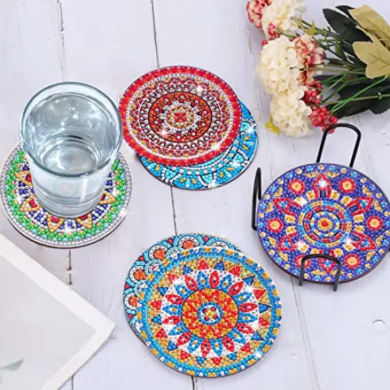 8 Pcs Coasters with Holder - Mandala DIY Diamond Art Crafts for Adults, Small Diamond Painting Kits Accessories {3}