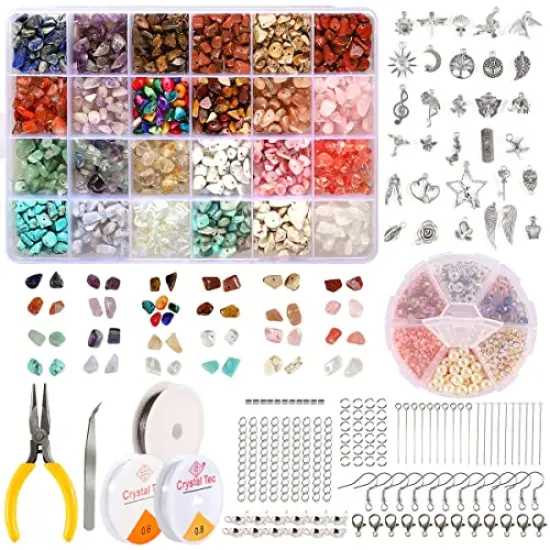 2800 PiecesCrystal Beads for Jewelry Making, Natural Crystal Bead Gemstone Chip Beads for Earring Ring Making Kit with Spacer Beads Earring Hooks Pendants Charms Wire String for DIY Bracelets Beading Kit {2}