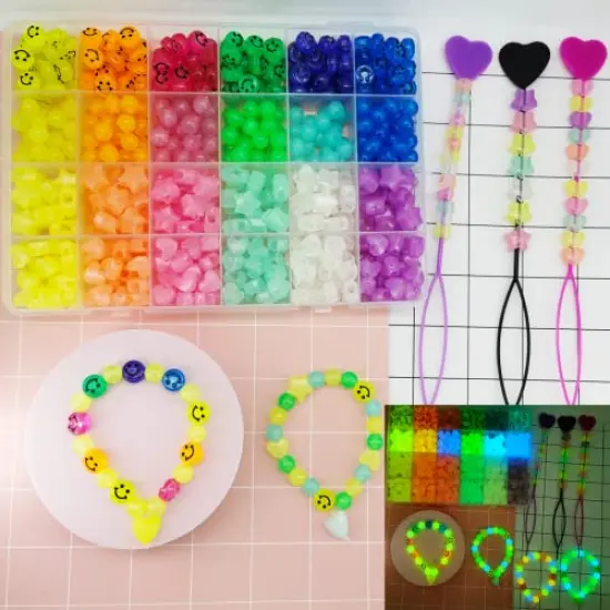 612 Pieces Candy Color Acrylic UV Beads Glow in The Dark Beads Happy Face Bead Heart Beads Star Beads Color Changing Sun UV Reactive Plastic Solar Hair Beads Bulk for Bracelet Necklace Jewelry Making {2}