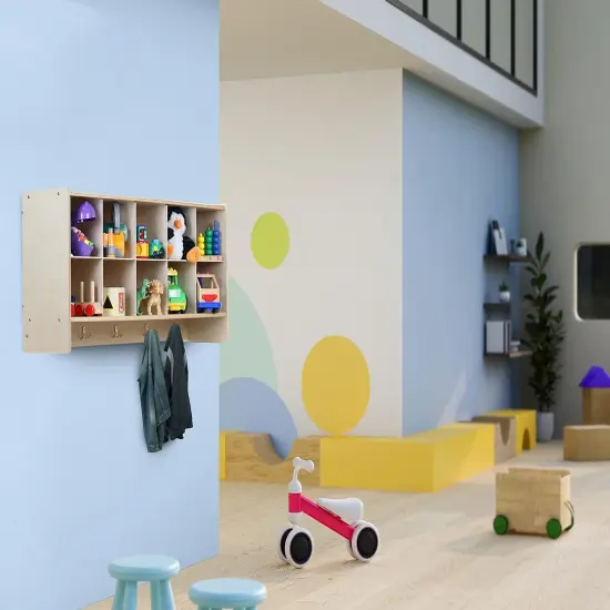 Cubby Storage Organizer Cubes, 10 Cubbies with Coat Hooks, Hanging Wall Cubby Shelf for Kids Toys, Daycare, Classroom, 47-Inch Width Lime Green {5}