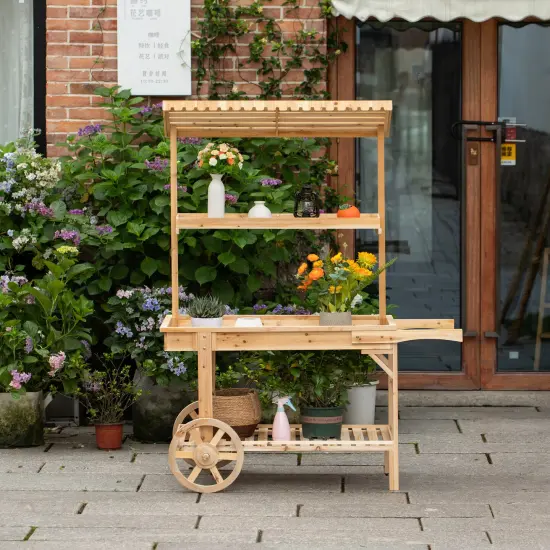 Antique Solid Wood Decor Display Rack Cart Wood Plant Stands with Wheels for Decor Display | 2 Wheeled Wood Wagon with Shelves for Plants and More {5}
