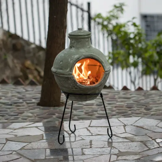 Beige Outdoor Clay Chiminea Barbecue Firepit Accent Design Charcoal Burning Fire Pit with Sturdy Metal Stand, Barbecue, Cocktail Party, Family Gathering, Cozy Nights Fire Pit {2}