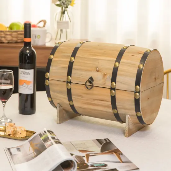 Wooden Wine Barrel Shaped Treasure Chest Vintage Decorative Wine Holder Natural {5}