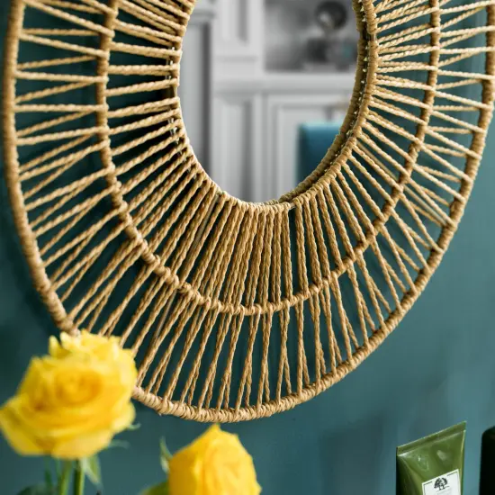 Decorative Woven Paper Rope Round Shape Bamboo Wood Modern Hanging Wall Mirror {5}