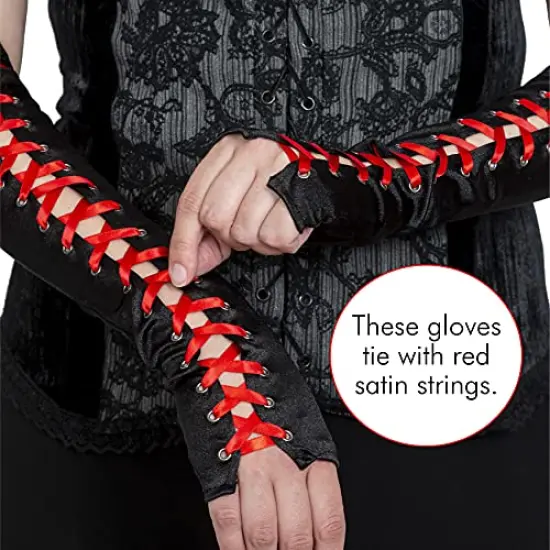 Fingerless Lace Up Gloves - Long Black Costume Elbow Arm Warmer Accessories with Red Satin Laced Tie for Dress Up {5}