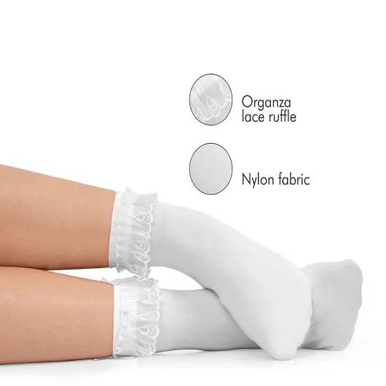 White Ruffled Anklet Socks - Frilly White Opaque Lace Ruffles Top Trim Bobby Sock {3}