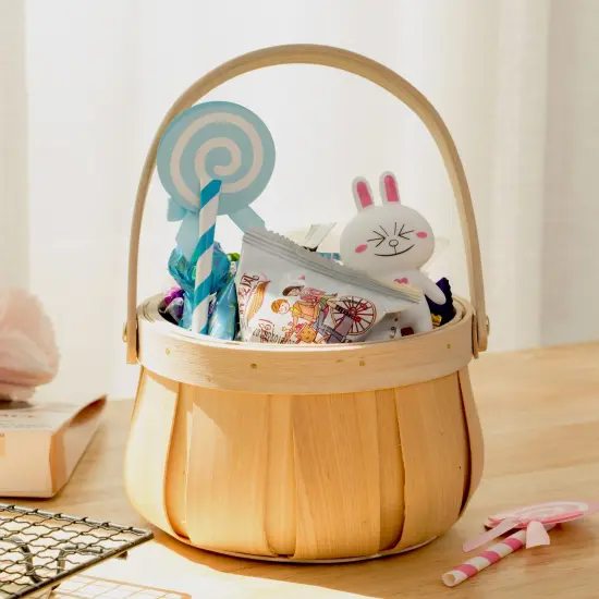 Small Round Natural Woodchip Wooden Decorative Storage Basket with Handle {2}