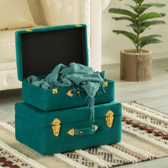 Decorative Tufted Velvet Suitcase Treasure Chest Set of 2 Green {6}