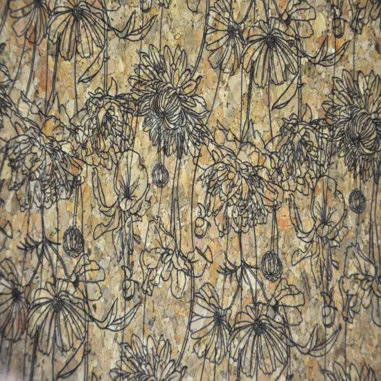 Belagio Cork Fabric, 18" x 15", Floral Sketch Print, Natural/Black {1}