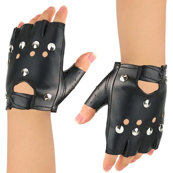 Gothic Fingerless Biker Gloves - 80s Style Black Leather Punk Biker Gloves with Studs for Men Women and Kids {3}