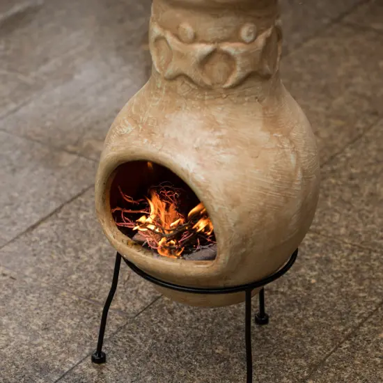 Beige Outdoor Clay Chiminea Outdoor Fireplace Maya Design Charcoal Burning Fire Pit with Sturdy Metal Stand, Barbecue, Cocktail Party, Family Gathering, Cozy Nights Fire Pit {5}