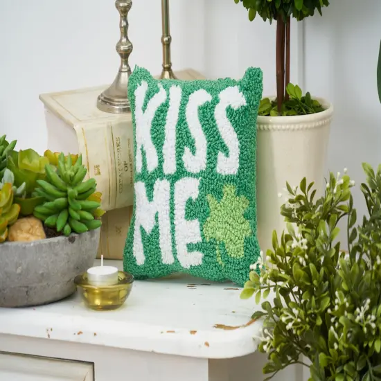 St. Patrick's Day "Kiss Me" Clover Hooked Small/Petite Accent Pillow, 8" x 8" {5}