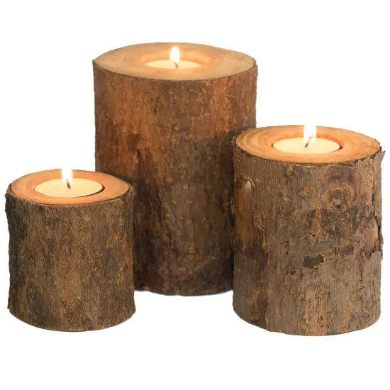 Bark Wooden Pillar Tree Stump Tea Light Rustic Candle Holder - Set of 3 {1}