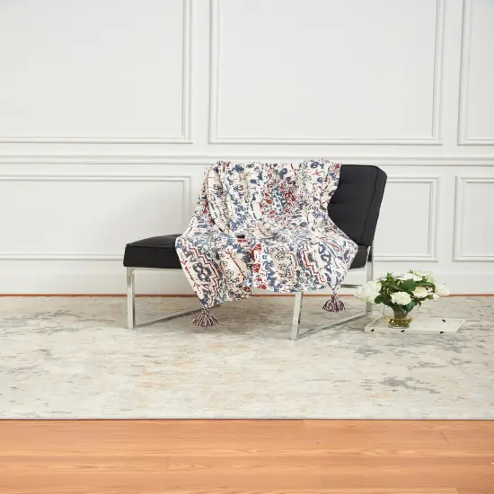 Taarush Red & Blue Grunge Pattern w/ Tassels Cotton Soft Cozy Accent Accent Throw Blanket {3}