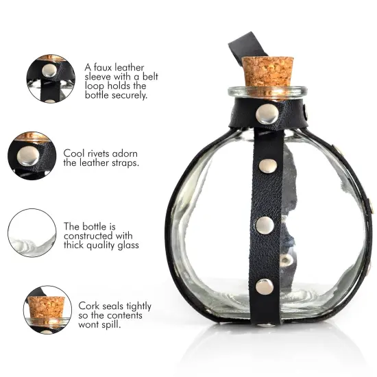 Dark Magic Potion Bottle - Black Wizard Potions Glass Holder with Cork Stopper and Faux Leather Harness with Holster Loop {3}