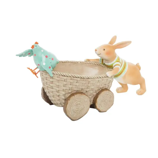 5.7" x 10.6"Easter Bunny Rabbit Pushing Basket Car w/ Chick Decorative Figure Figurine {1}