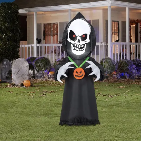 4' Gemmy Airblown Inflatable Halloween Scary Reaper w/ Pumpkin Necklace 226009 {2}