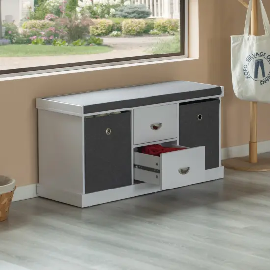White Shoe Storage Bench with Wooden Frame, 2 Drawers, Foldable Baskets, and Comfortable Gray Cushion for Entryway, Hallway, or Bedroom Organization {3}