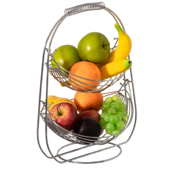 2 Tier Metal Fruit Holder Swing Basket for Kitchen | Detachable Countertop Vegetables Storage Organizer with Display Hammock Stand for Farmhouse, Living Room, Dining Room {1}