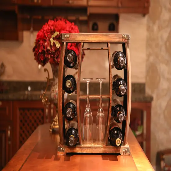 Decorative Wooden 8 Bottle Rustic Wine Rack with Glasses Holder {2}