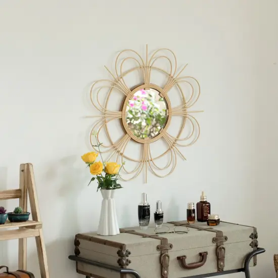 Decorative Flower Shape Woven Rattan Wood Round Modern Hanging Wall Mirror {3}