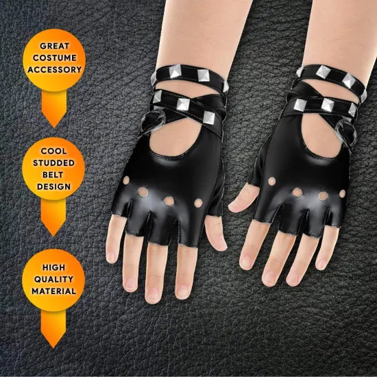 Fingerless Faux Leather Gloves - Black Biker Punk Gloves with Belt Up Closure and Rivet Design for Women and Kids {2}