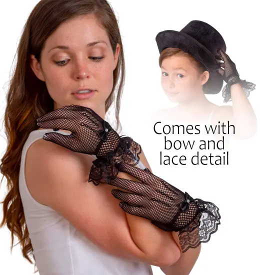 Dress Lace Hand Gloves - Vintage Formal Black Sheer Evening Gloves with Satin Bow and Lace Ruffle Wrist Cuffs for Women and Girls {5}