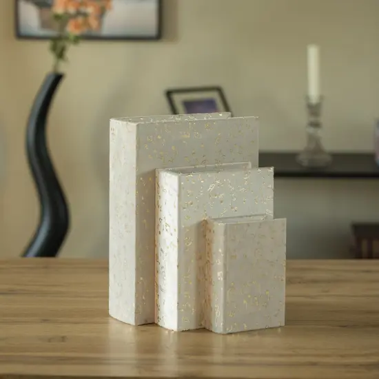 Set of 3 Velvet Vintage Storage Wooden Antique Classic Decorative Book Box Holder White Musical {3}