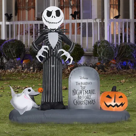 6.5' Gemmy Airblown Jack Skellington Tombstone Scene w/ Zero 227161 {2}