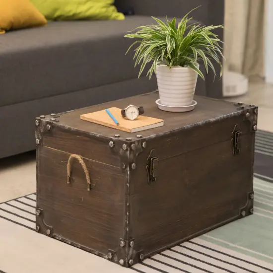 Distressed Wooden Vintage Industrial Style Decorative Trunk with Lockable Latch {4}