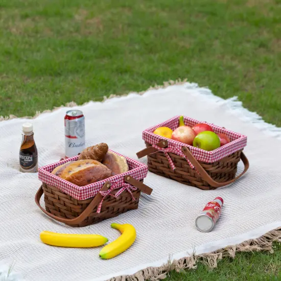Wickerwise Small Rectangular Woodchip Picnic Baskets with Double Folding Handles, Natural Hand-Woven Basket Lined with Gingham Red and White Lining Great for Gifts. {6}