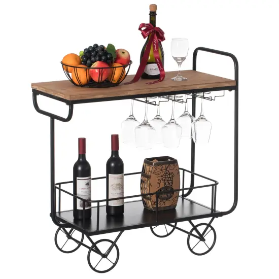Metal Wine Bar Serving Cart with Rolling Wheels, Glass Holder, and Wine Rack {1}