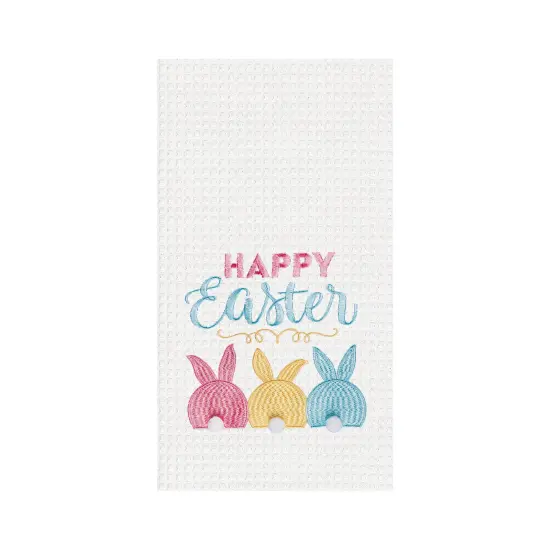 Pink Blue & Yellow Easter Bunnies Bunny Rabbits Embroidered Waffle Weave Kitchen Dishtowel {1}