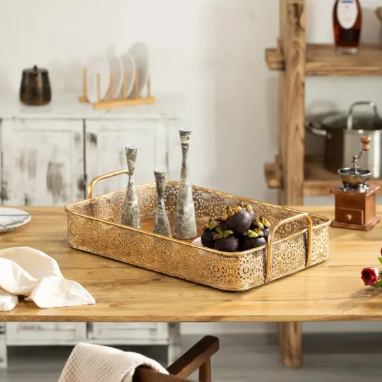 Metal Gold Rectangular Serving Tray with Oval Design and Handles {4}