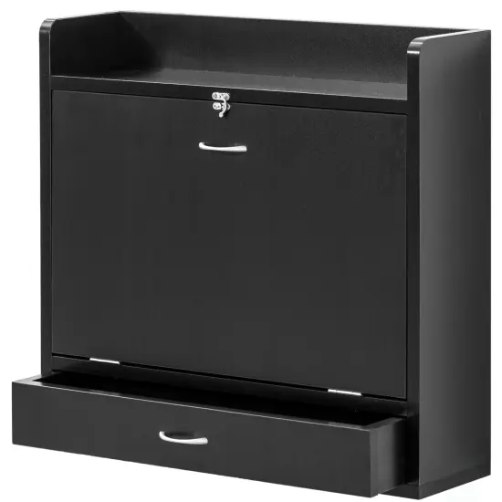 Wall Mount Folding Laptop Writing Computer or Makeup Desk with Storage Shelves and Drawer Black {4}