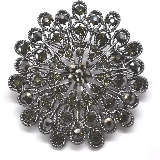 Belagio Rhinestone Brooch, 3" Diameter, 1 Piece, Peacock Medallion, Black/Metal Gray {1}