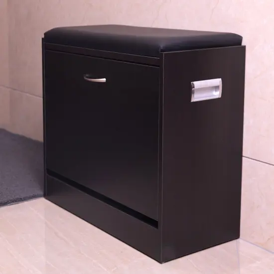 Black Wooden Fold-out Shoe Organizer - Shoe Storage Bench with Leather Cushion {3}