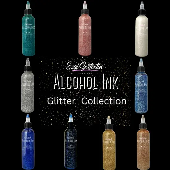 Premium Alcohol Ink | Metallic and Vibrant | High Saturated Unique Colors | For Tumblers, Coasters, Resin Dye, Alcohol Ink Paper, Yupo, Resin Petri Dish | 4 oz by volume | by Ezgi Sertcetin Glitter gold blue {2}