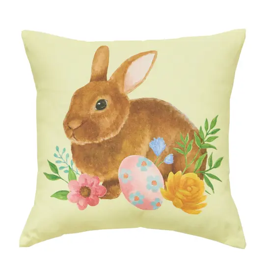 Yellow Floral Bunny Woven Spring Easter Themed Accent Throw Pillow, 18" x 18" {1}