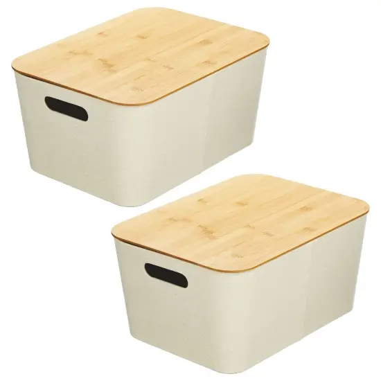 mDesign Modern Stackable Fabric Covered Bin with Bamboo Lid, 2 Pack {5}