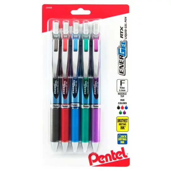 EnerGel RTX Retractable Liquid Gel Pen, (0.5mm) Needle Tip, Fine Line, Assorted Ink (A/B/C/D/V) 5-Pk {1}