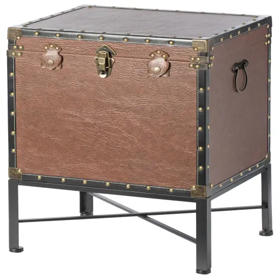 Faux Leather Trimmed Lockable Square Lined Storage Trunk, End Table on Metal Stand Silver {9}