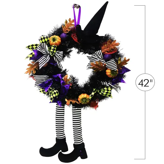Happy Halloween Witch Wreath - Front Door Hanging Witchy Decorations with Pumpkins, Maple Leaves, Witch Hat and Witch Legs {5}