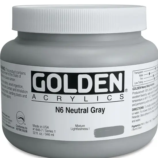Golden Heavy Body Artist Acrylics - Neutral Gray N6, 32 oz Jar {2}