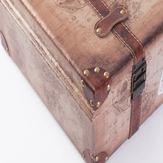 Set of 2 Vintage-Style World Map Leather Suitcase Trunks with Straps and Handle {3}