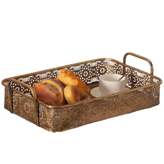 Metal Gold Rectangular Serving Tray with Oval Design and Handles {1}