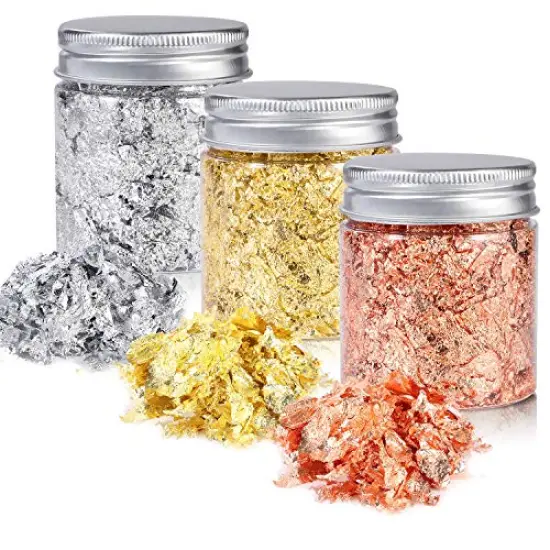 YULIKTOR Gold Foil Flakes for Resin,3 Bottles Metallic Foil Flakes 15 Gram,Imitation Gold Foil Flakes Metallic Leaf for Nails, Painting, Crafts,Slime and Resin Jewelry Making,Gold,Silver,Copper Colors {1}